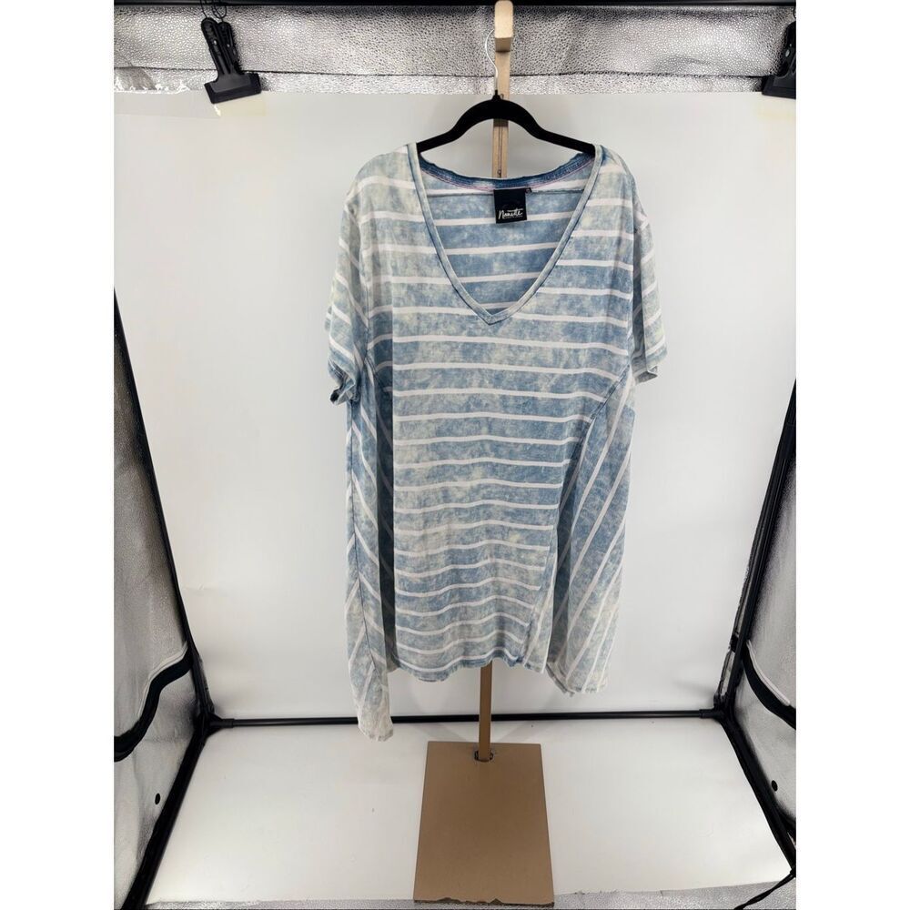 Nanette Lepore Striped V-Neck Tee Acid Wash Blue White Plus Size 3X Cotton